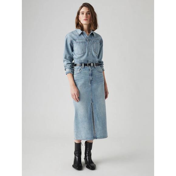 Levis Denim Midi Shirt Dress Long Sleeve Standard Fit Casual Classic Blue Sz 28 - Picture 2 of 14